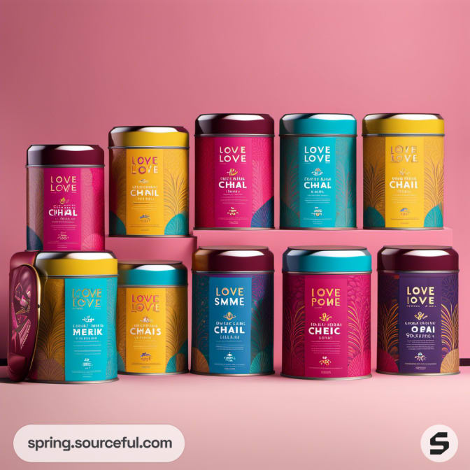 Colorful tins of tea with vibrant designs on a pink background.