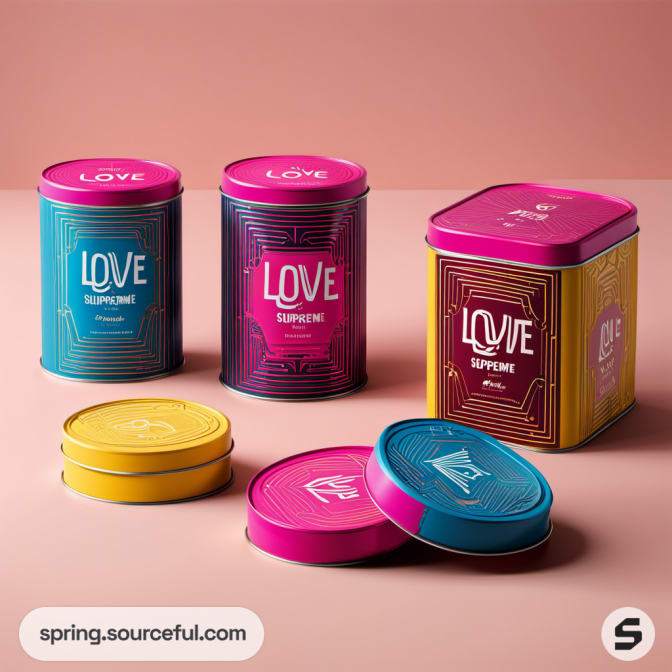 Variety of rectangular and circular colorful tins on a pink surface.