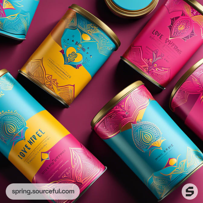 Assorted colorful tea tins with abstract designs on a maroon background.