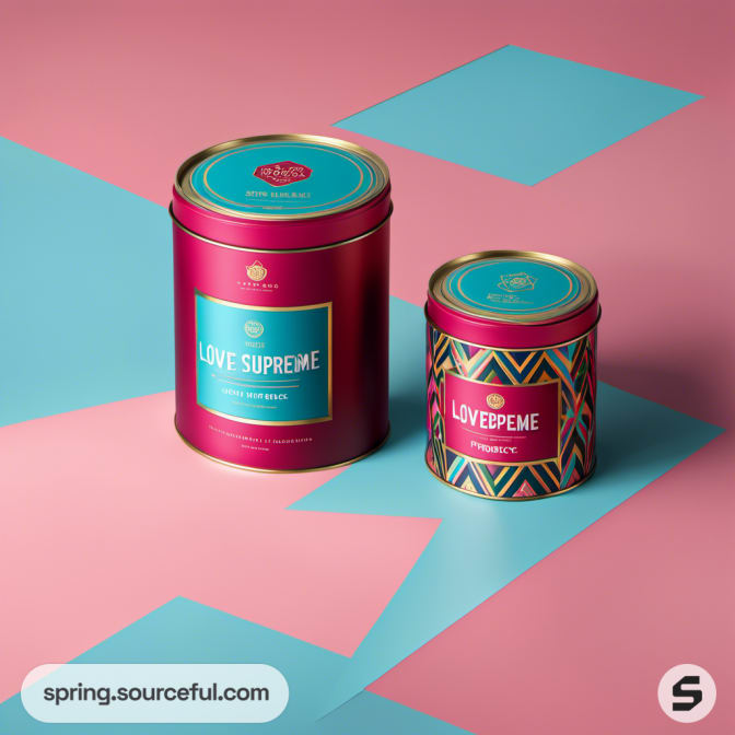 Two decorative tins with geometric patterns on a stylized background.