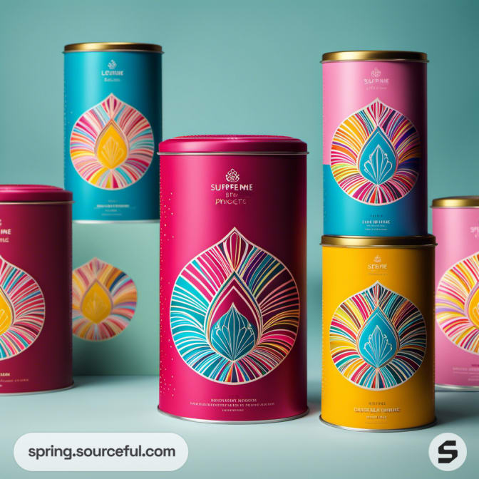 Colorful cylindrical tins with leaf designs on a blue background.