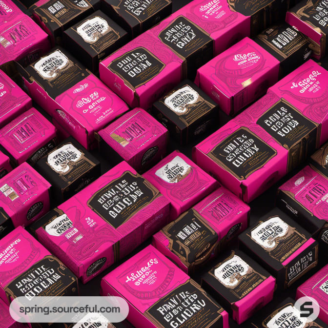 Variety of pink and black beer packaging boxes arranged in an overlapping pattern.