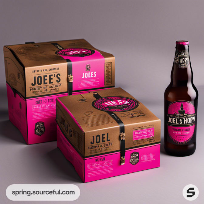 Two cardboard beer packaging boxes in brown and pink next to a beer bottle.