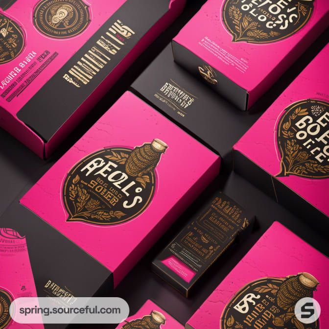 Close-up of pink and black beer packaging boxes with gold label designs arranged neatly.