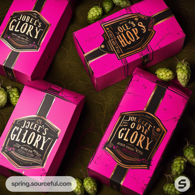 Four pink beer packaging boxes with black accents and detailed gold labels, placed on a wooden surface.