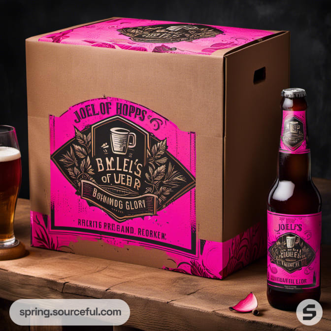 A large brown beer packaging box with a pink label next to a filled beer glass.