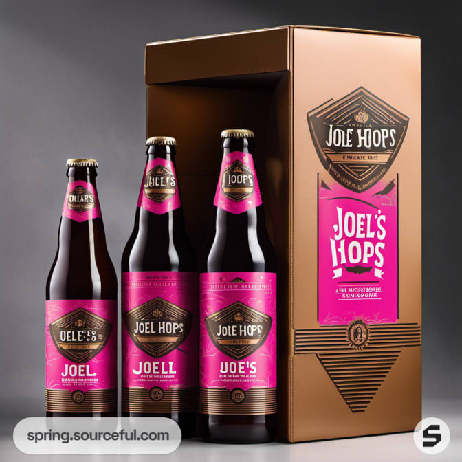 Three beer bottles in black and pink packaging displayed within a brown gift box.