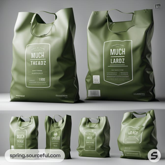 Olive green plastic bags with branding, various sizes.
