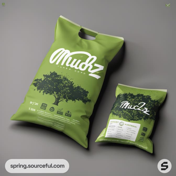 Green plastic bags with tree graphic and branding, two sizes.