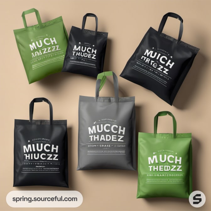 Assorted eco-friendly bags in green and black, multiple designs.