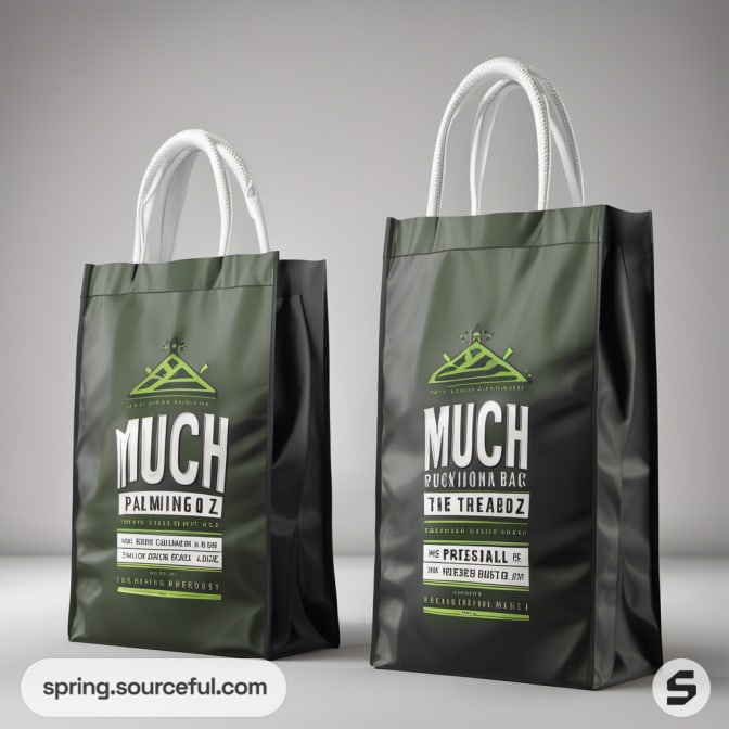 Green and black paper bags with white handles, branding.