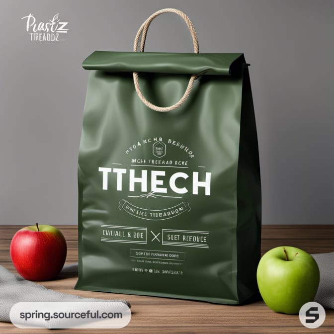 Dark green gift bag with rope handle, apples displayed.