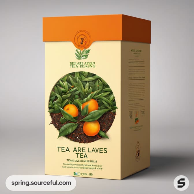 Tea package with orange accents and nature theme design.
