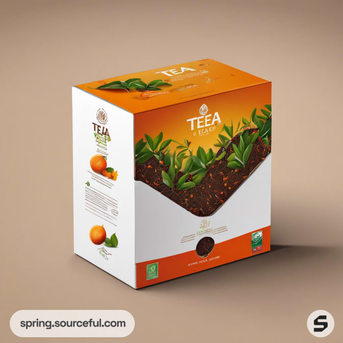 Orange and green tea box with plant graphic design.