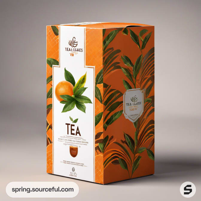 Rectangular orange tea box with leaf illustration.