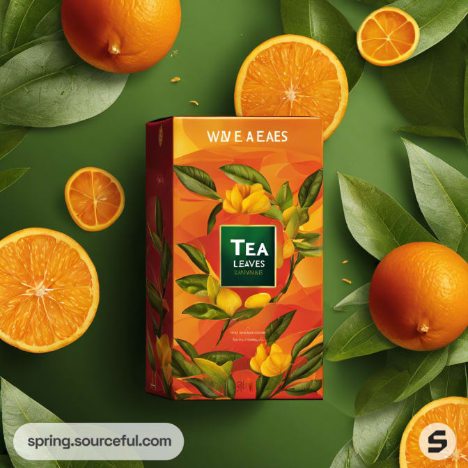 Green background with bright orange tea box and fruit.
