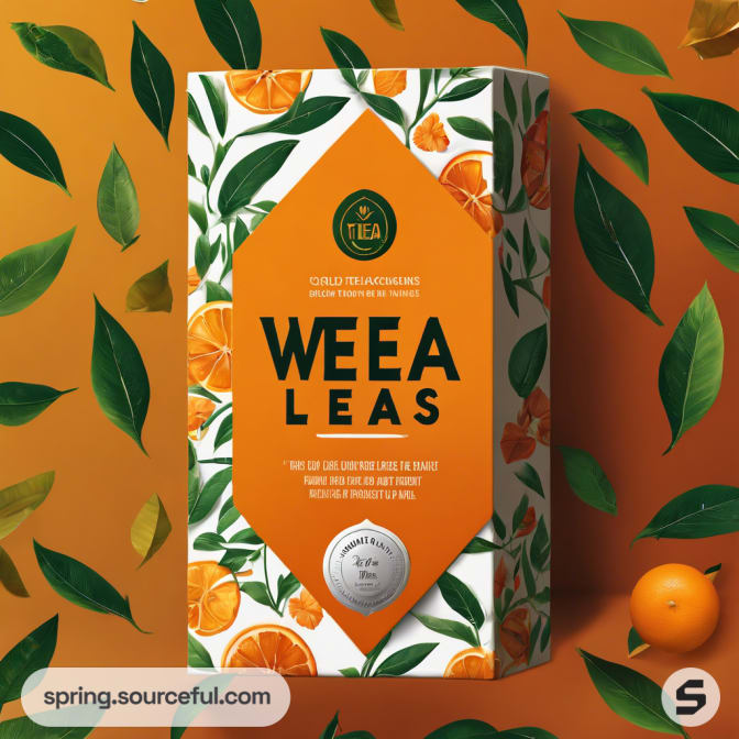 Patterned tea box with orange and leaf design on white.