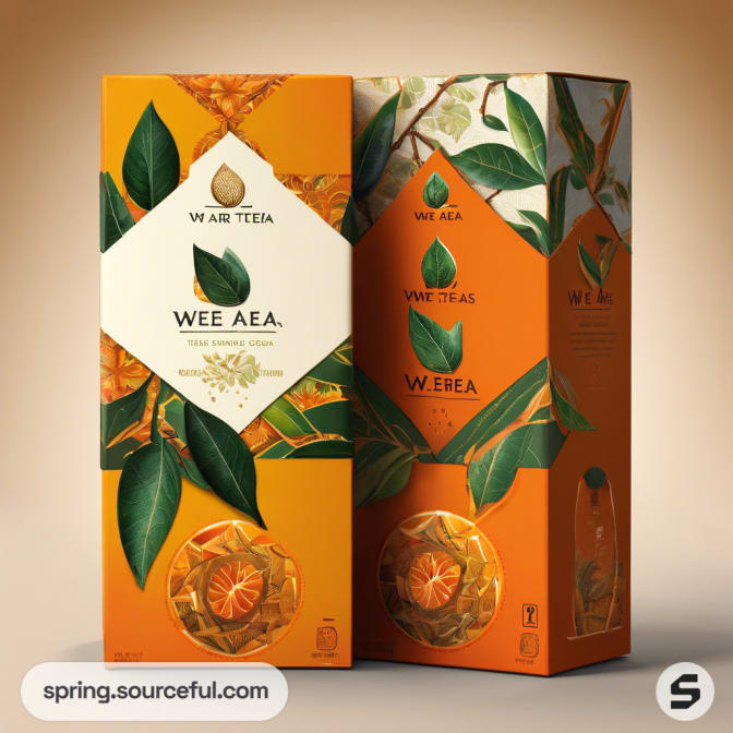 Stylized tea packaging with orange leaves and fruit.