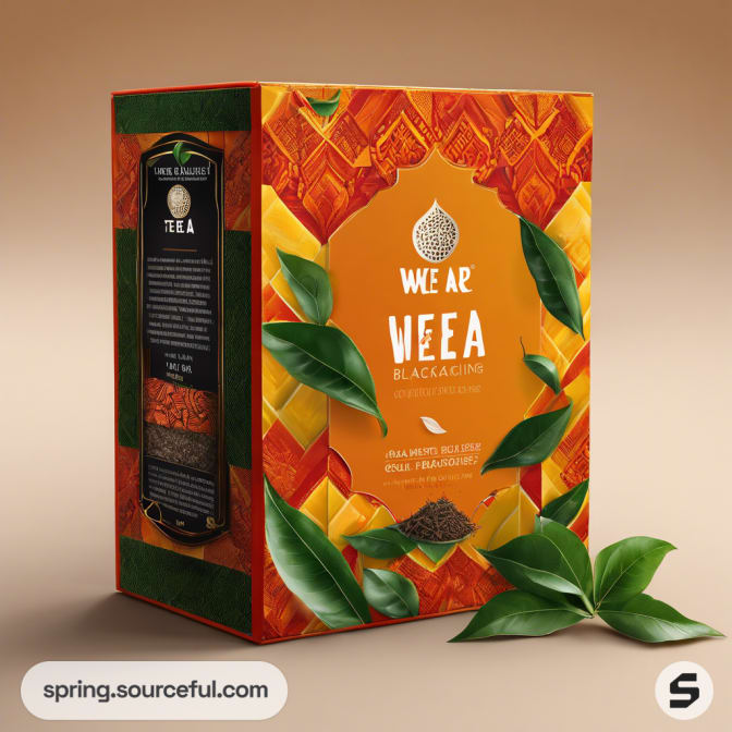 Textured tea box with leaf accents and rich colors.