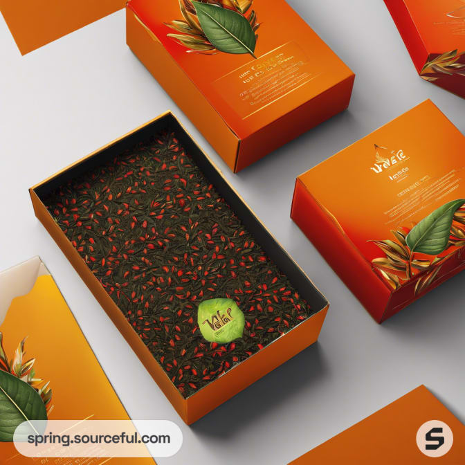 Opened orange tea box revealing loose tea leaves.