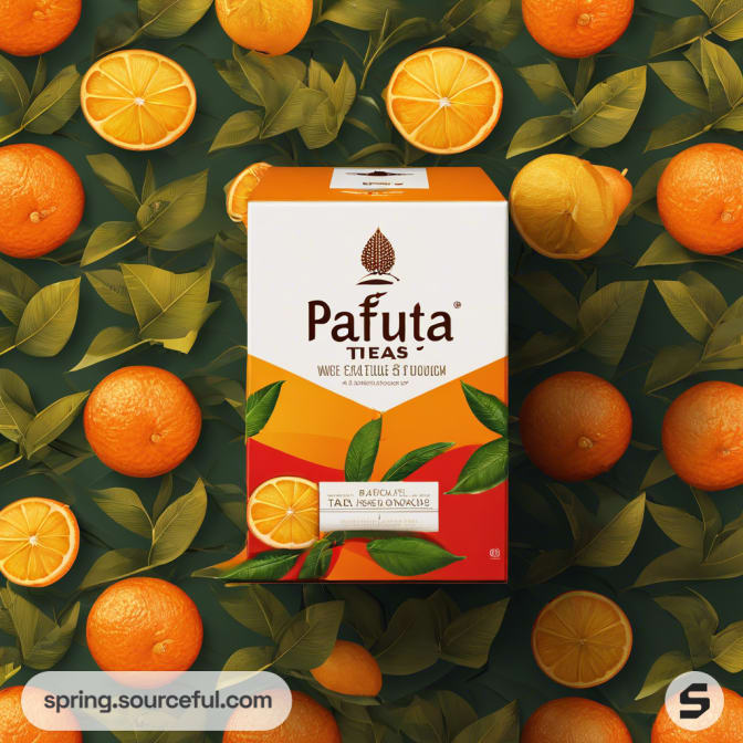 Vibrant orange-themed tea box with citrus graphics.