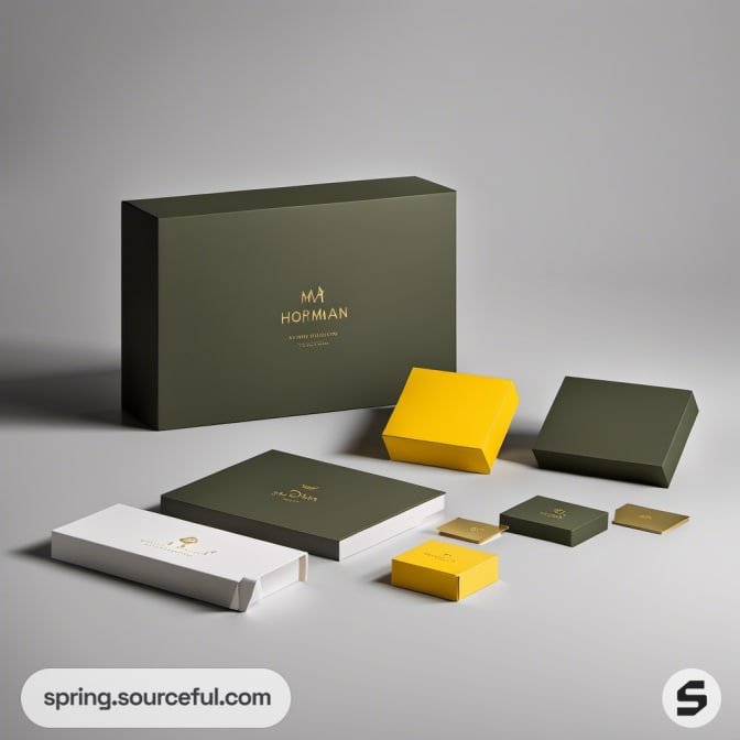 Green and yellow packaging set on gray background.