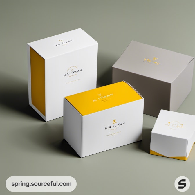 White and gray packaging with yellow accents.