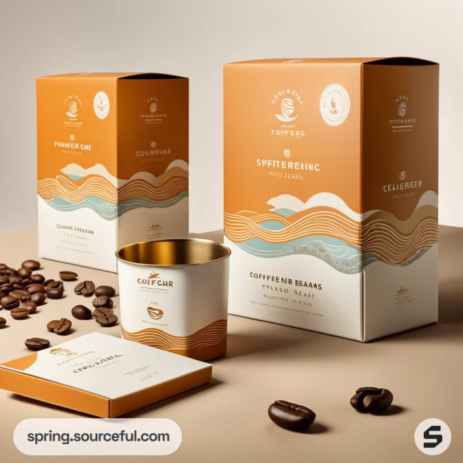Orange and white coffee packaging with wave pattern, including boxes, a tin, and scattered coffee beans.