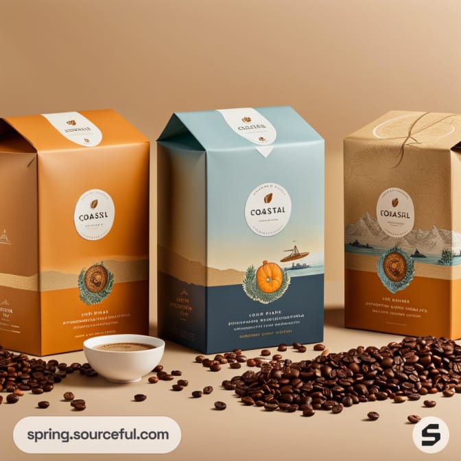 Three coffee boxes in orange, blue, and brown with scattered beans on a beige background.