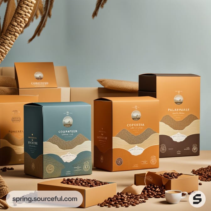 Various coffee boxes in teal and brown hues with coffee beans scattered, on a blue and beige background.