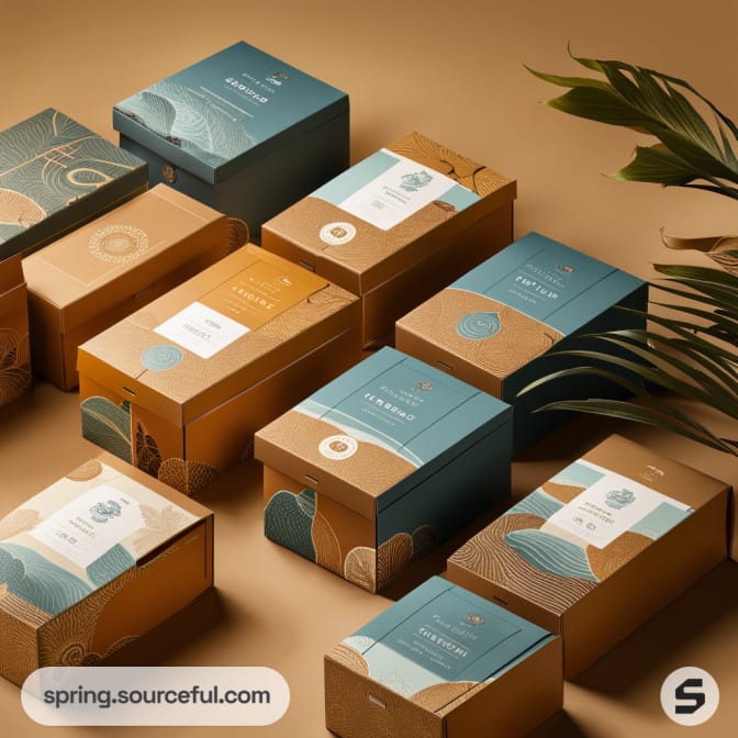 Assorted rectangular mailer boxes in blue and brown tones with abstract patterns on a warm-toned surface.