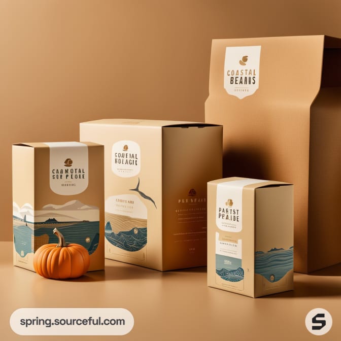 Eco-friendly brown packaging boxes with coastal-themed labels, featuring images of waves, mountains, and a small pumpkin.