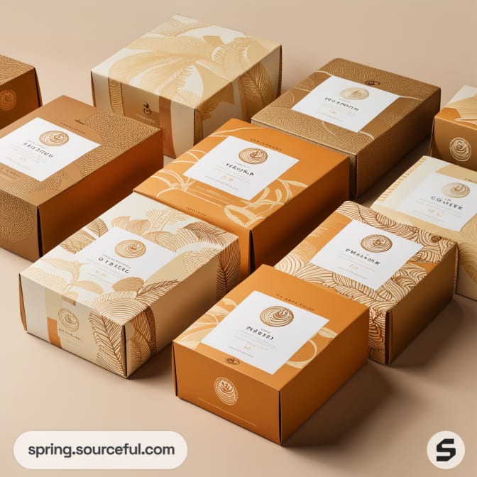 Assorted brown and orange mailer boxes with floral patterns and labels on a beige surface.