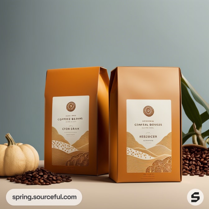 Two brown coffee bags with landscape labels, surrounded by coffee beans and a small pumpkin.