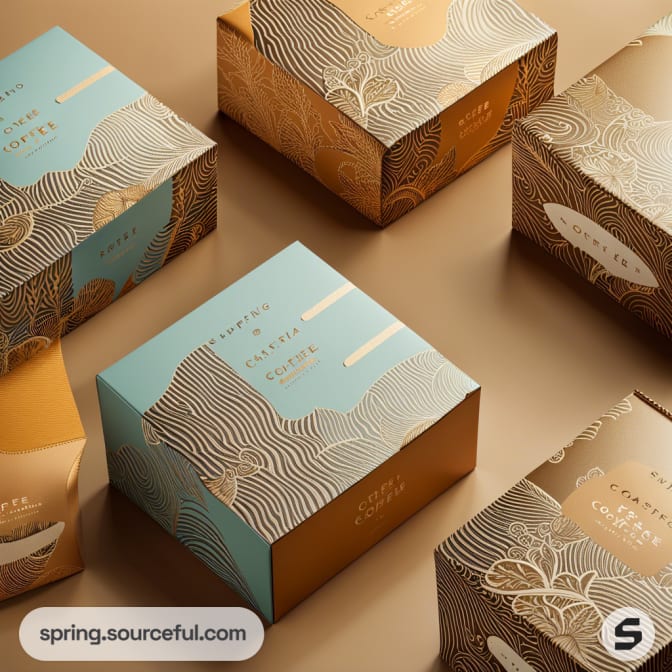 Elegant packaging with abstract line and floral patterns, featuring brown and blue colors on cardboard boxes.