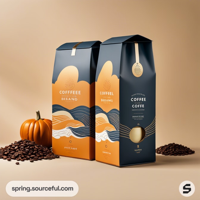 Two coffee bags with orange and navy wave designs on a beige background with coffee beans and a small pumpkin.