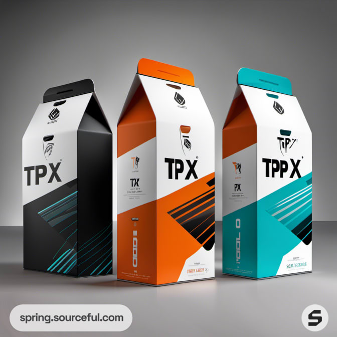 Three TPX cartons in white, orange, and teal with diagonal stripes