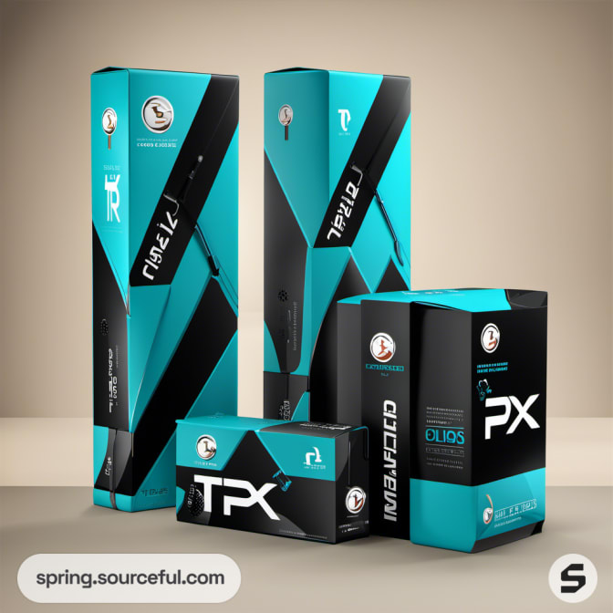 Assorted TPX boxes in teal and black with bold typography