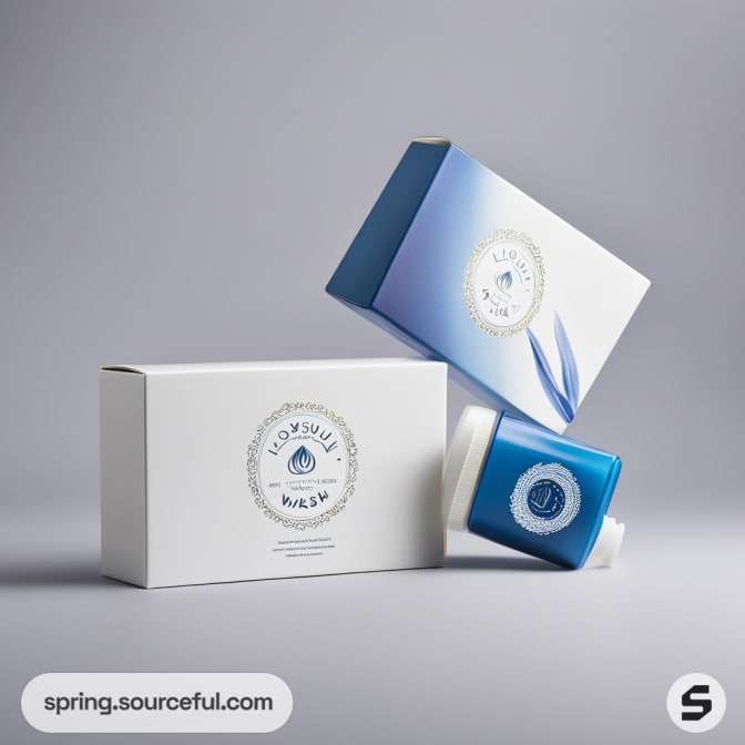 White and blue box with floral design and jar packaging.