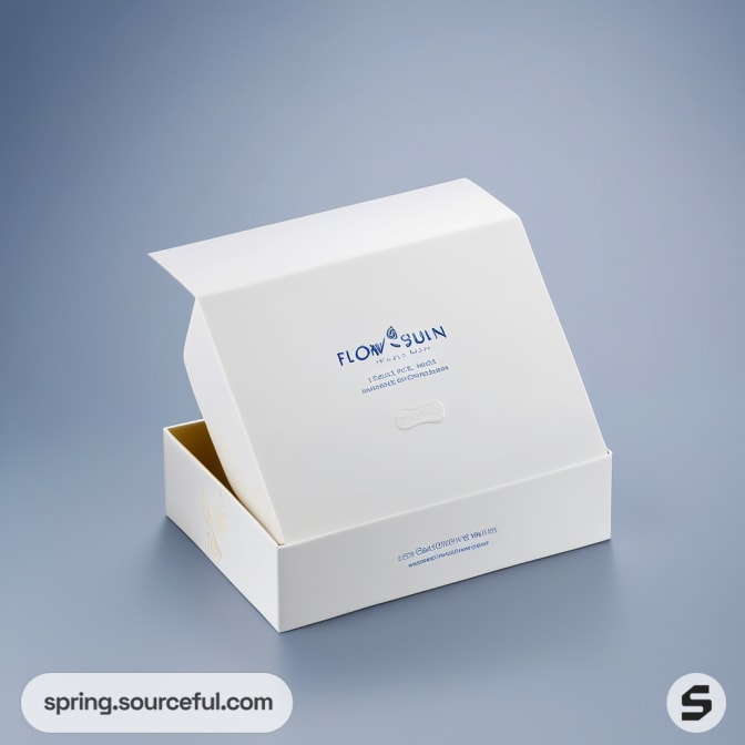 White mailer box with minimal blue text and open lid.