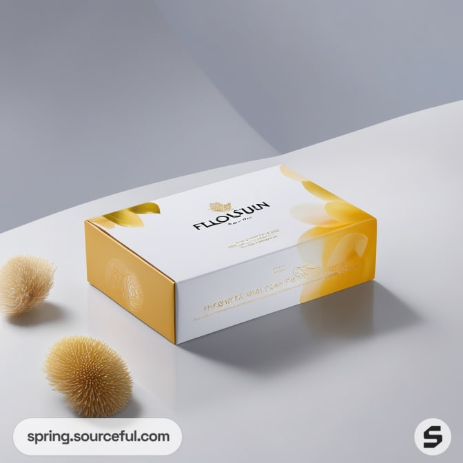 Yellow and white rectangular box with floral graphics.