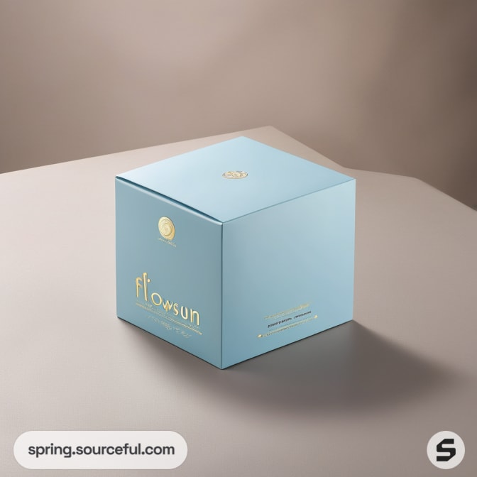 Light blue square box with gold text on neutral background.