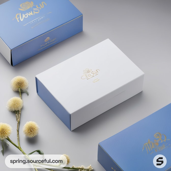 Three rectangular boxes in blue and white with gold text.