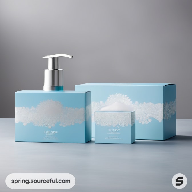 Blue rectangular box and pump bottle with floral design.