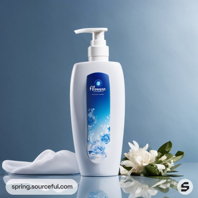 White pump bottle with blue label and floral graphics.