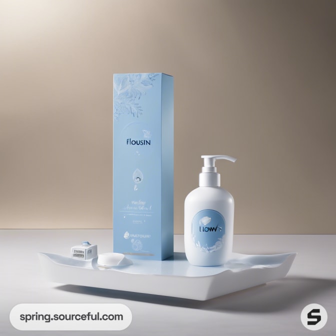 Tall blue box with white pump bottle on tray.