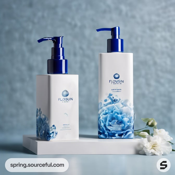Two white bottles with blue floral design and pump caps.