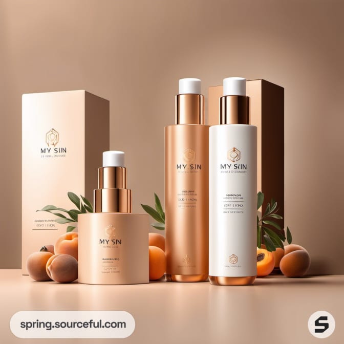Luxury skincare bottles in gold and white, surrounded by apricots and leaves.