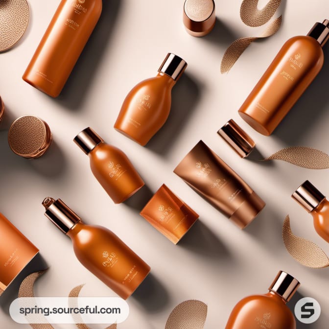 Assorted bronze skincare bottles on a light surface, artistically arranged.