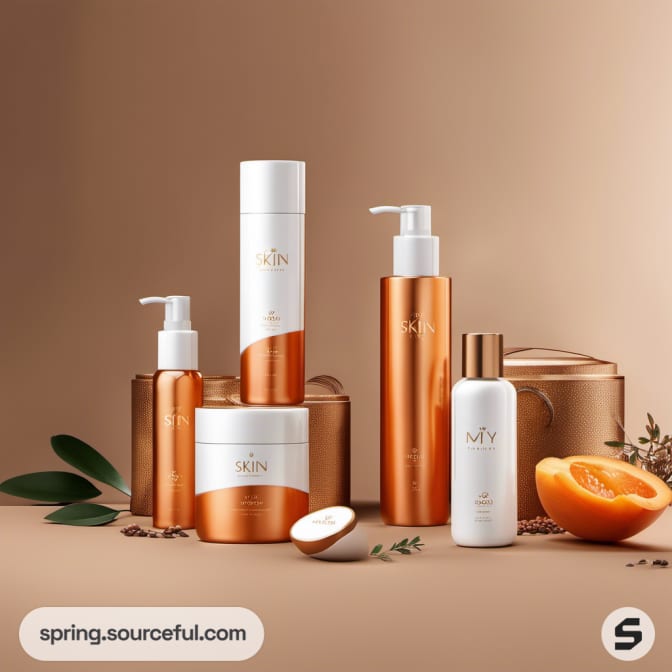 Assorted skincare products with orange and white packaging, apricots scattered around.